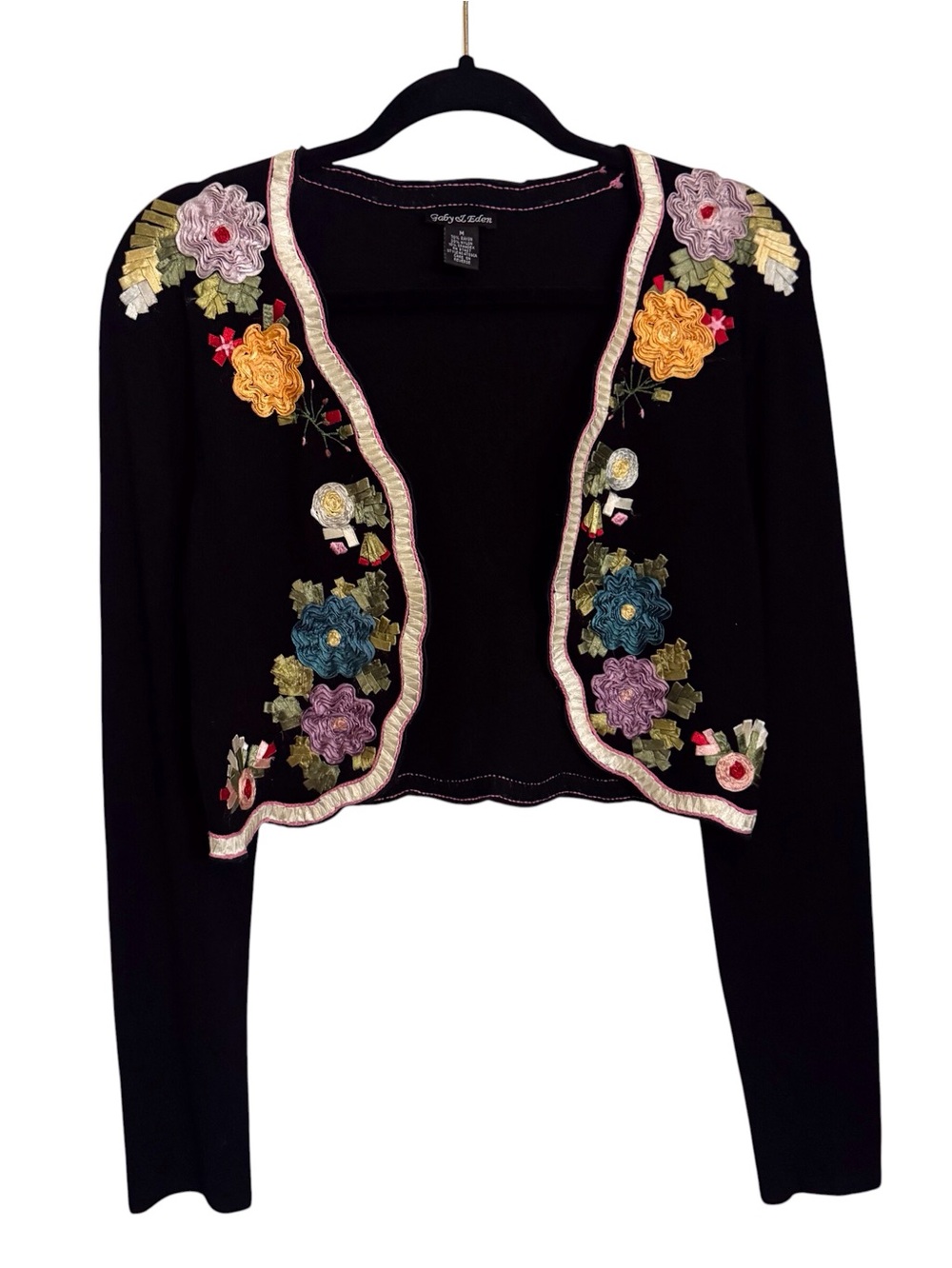 Gaby & Eden Medium Black Floral Appliqué Croppped Cardigan Sweater Cottagecore
